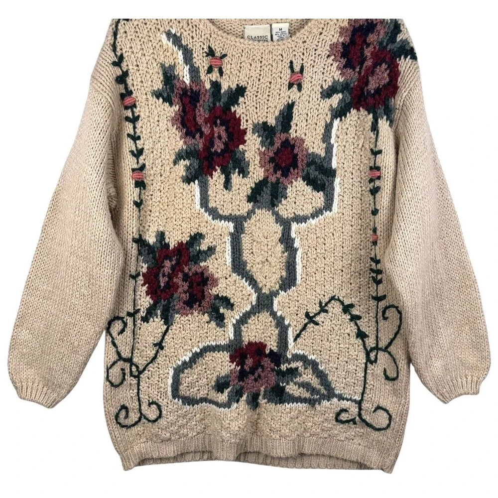 Vintage Classic Elements Sweater‎ Womens Medium Beige Cottagecore Grandmacore